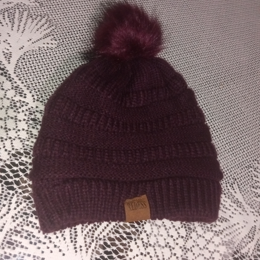 Reddess Burgundy Knit Beanie with Pom